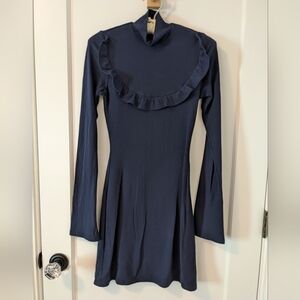 Reformation Ruffle Navy Mock Neck Mini Ribbed Dress XS